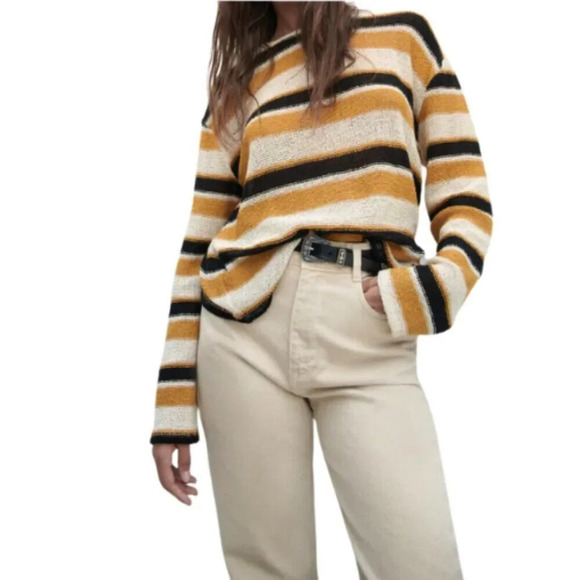 Zara Womens  Small Striped Rustic Mustard Cotton Knit Sweater - Picture 1 of 13